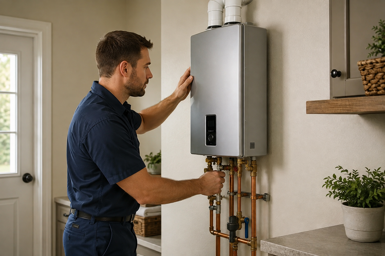 A residential plumbing technician inspecting a wall-mounted tankless water heater